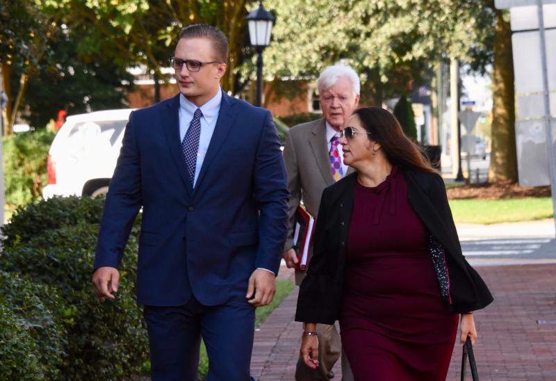 Clay Conaway walks to Sussex Superior Court on the first day of jury selection Sept. 10. Joining him are his attorneys Natalie Woloshin and Joe Hurley. RON MACARTHUR PHOTO